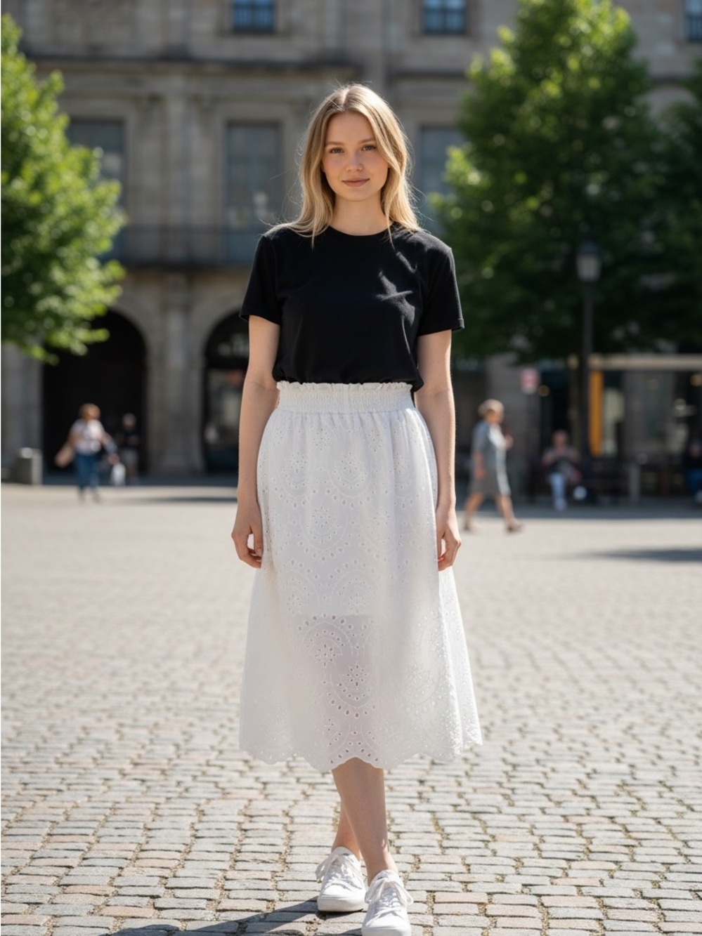 SHEIN Classic White Eyelet Midi Skirt